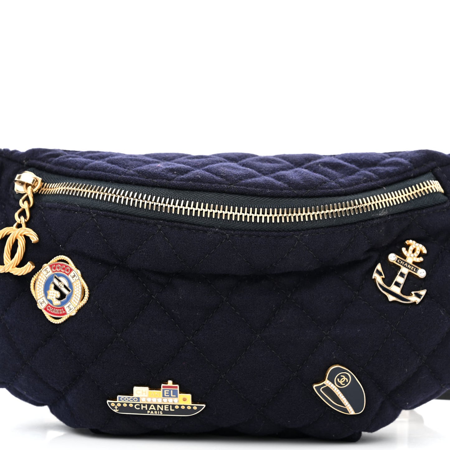 Wool Lambskin Quilted Paris Hamburg Charms Waist Bag Dark Navy