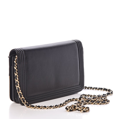 Chanel Metallic Goatskin Lambskin Boy Wallet on Chain WOC Black Gold 3 of 11