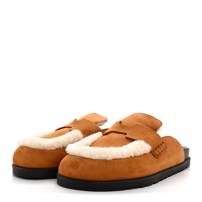 Hermes Suede Goatskin Shearling Go Mules 38 Beige Kraft Ecru 4 of 10