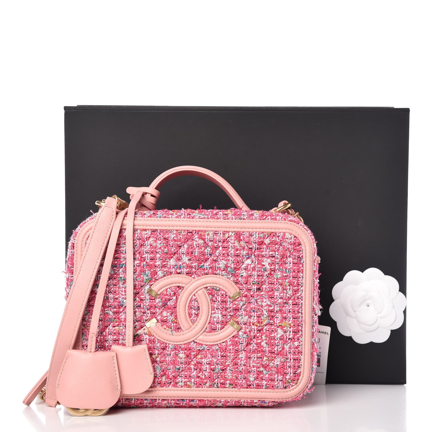 Chanel Tweed Quilted Medium CC Filigree Vanity Case Pink 396037