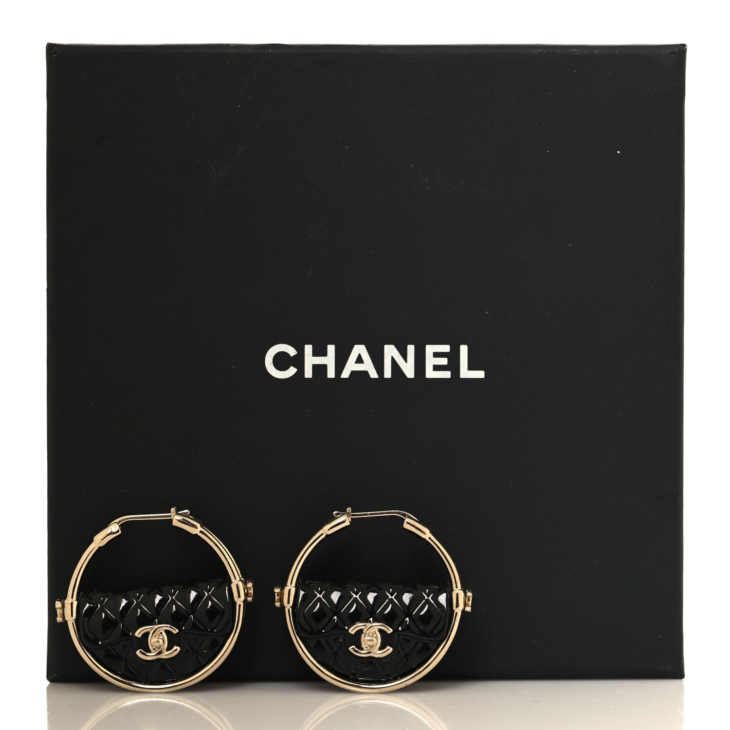 Chanel Metal Resin Quilted Flap Bag Hoop Earrings Black Gold 5 of 5