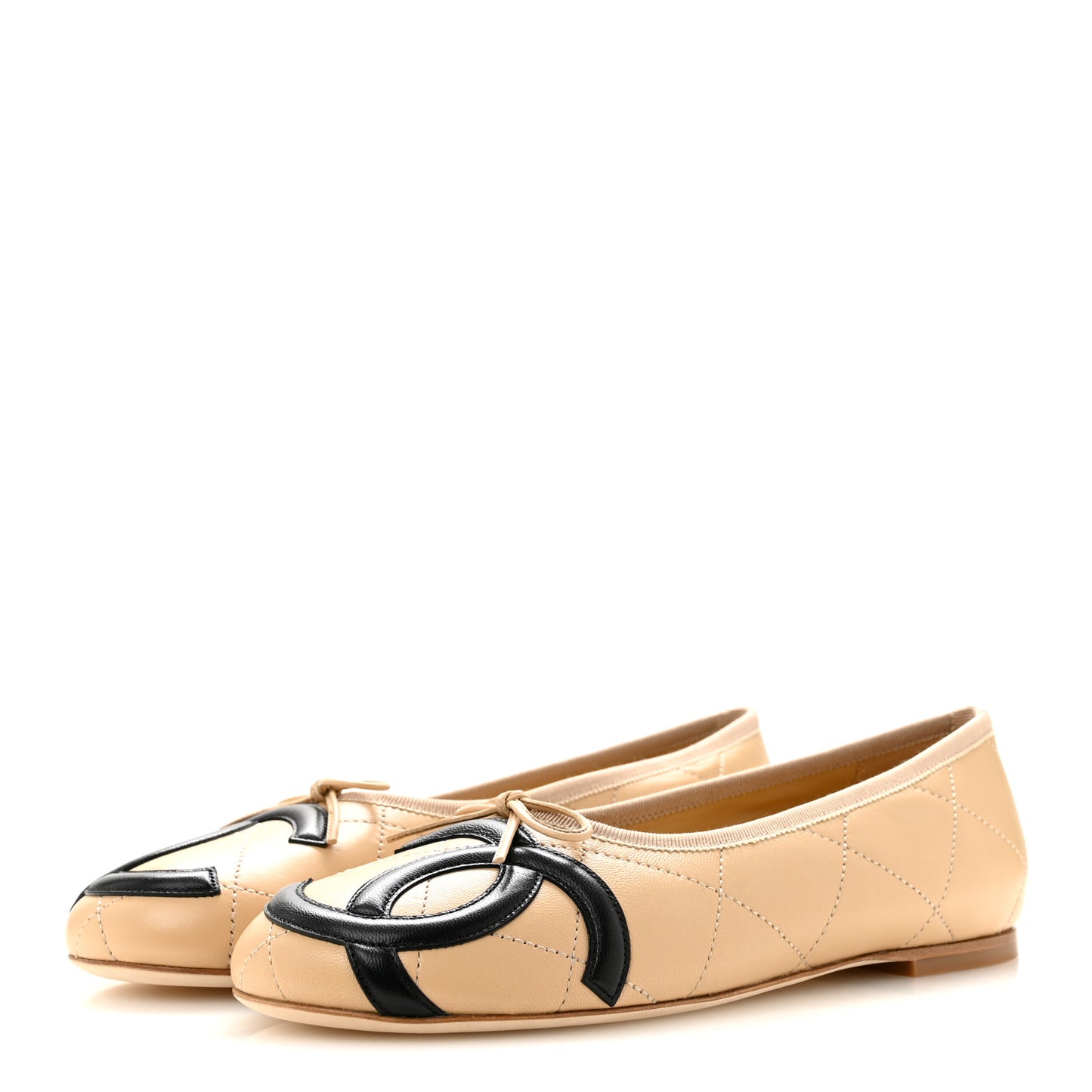 Lambskin Quilted CC Cambon Ballet Flats 40 Beige Black