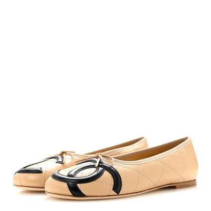 Chanel Lambskin Quilted CC Cambon Ballet Flats 40 Beige Black 4 of 10