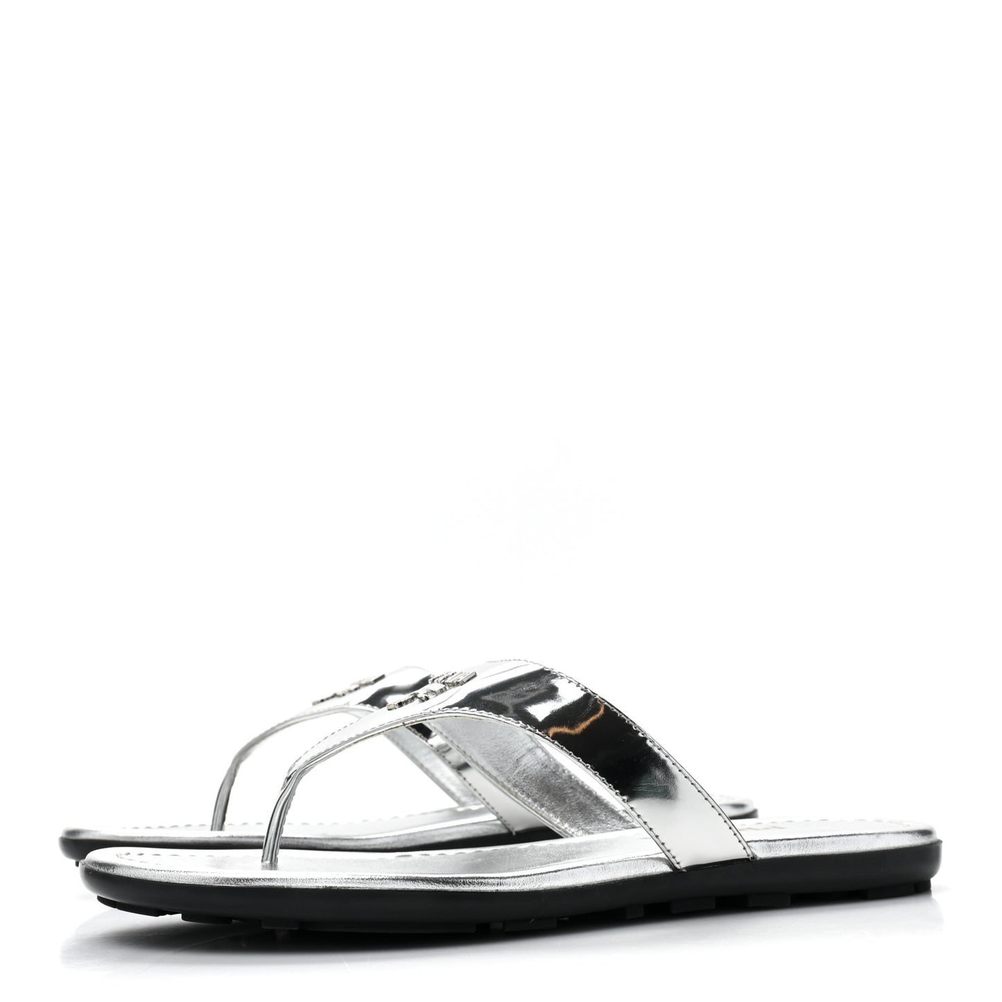 Metallic Calfskin Logo Thong Sandals 35.5 Silver