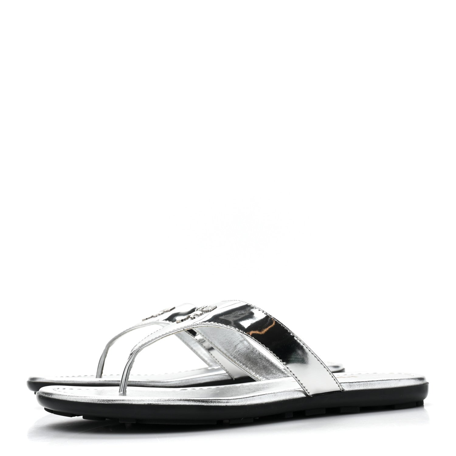 Prada Metallic Calfskin Logo Thong Sandals 35.5 Silver 3 of 9