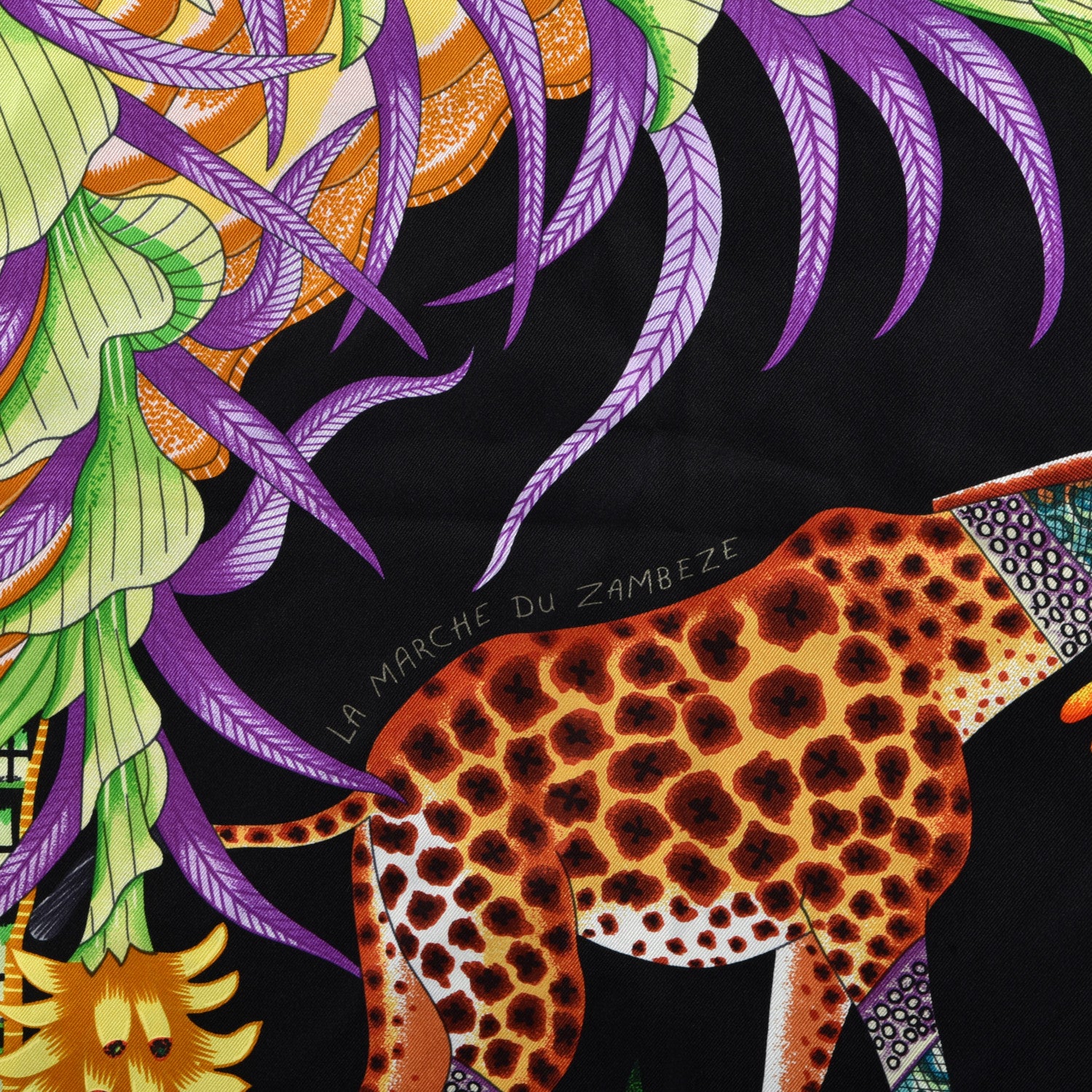 Hermes Silk La Marche Du Zambeze Scarf 90 Black Corail Vert 3 of 5