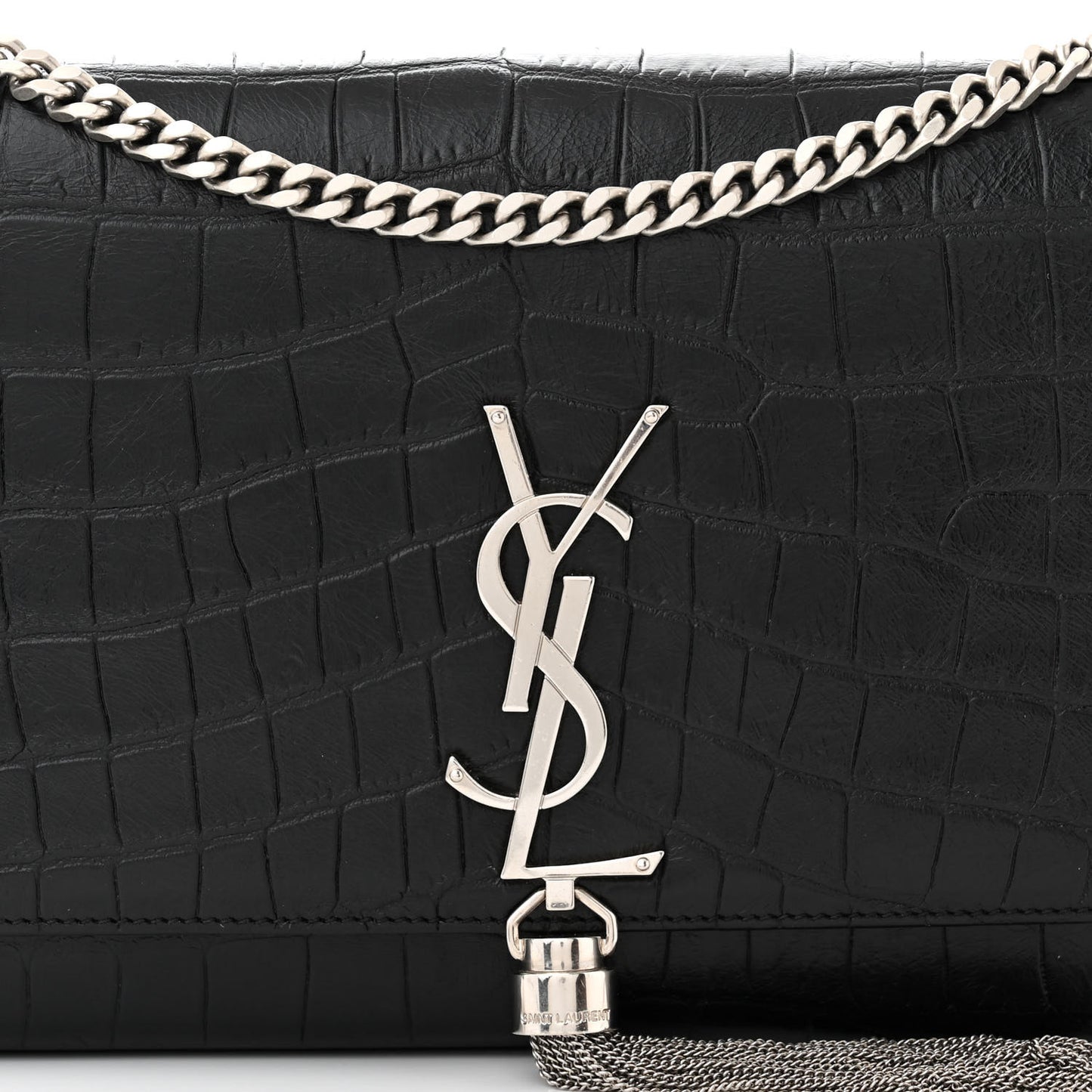 Calfskin Crocodile Embossed Medium Classic Monogram Kate Tassel Satchel Black