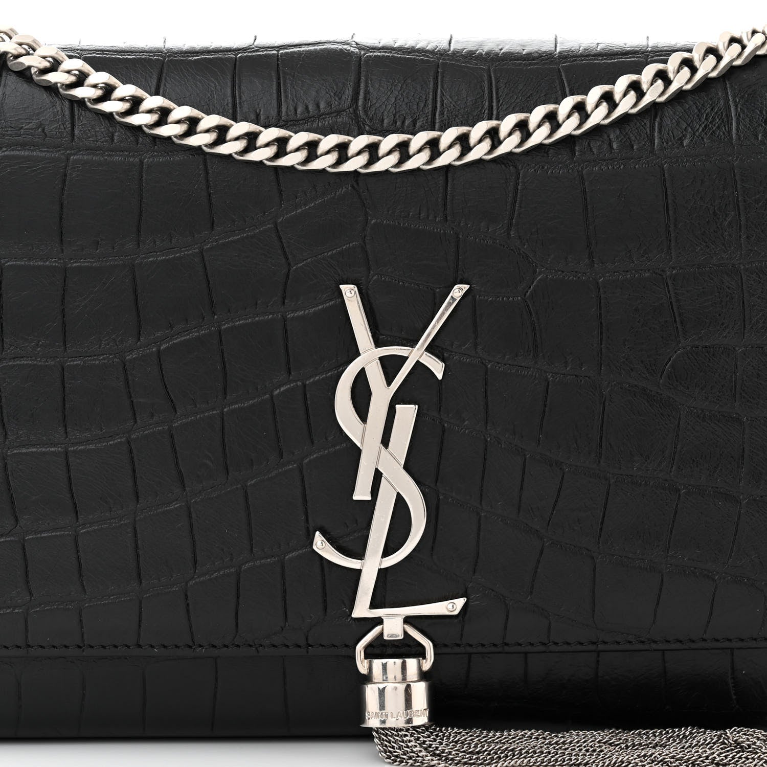 Saint Laurent Calfskin Crocodile Embossed Medium Classic Monogram Kate Tassel Satchel Black 7 of 11
