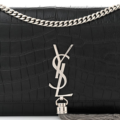 Saint Laurent Calfskin Crocodile Embossed Medium Classic Monogram Kate Tassel Satchel Black 7 of 11