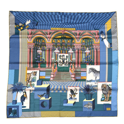 Hermes Silk Twill Grande Theatre Nouveau Scarf 90 Bleu Jean Vert Moutarde 1 of 8