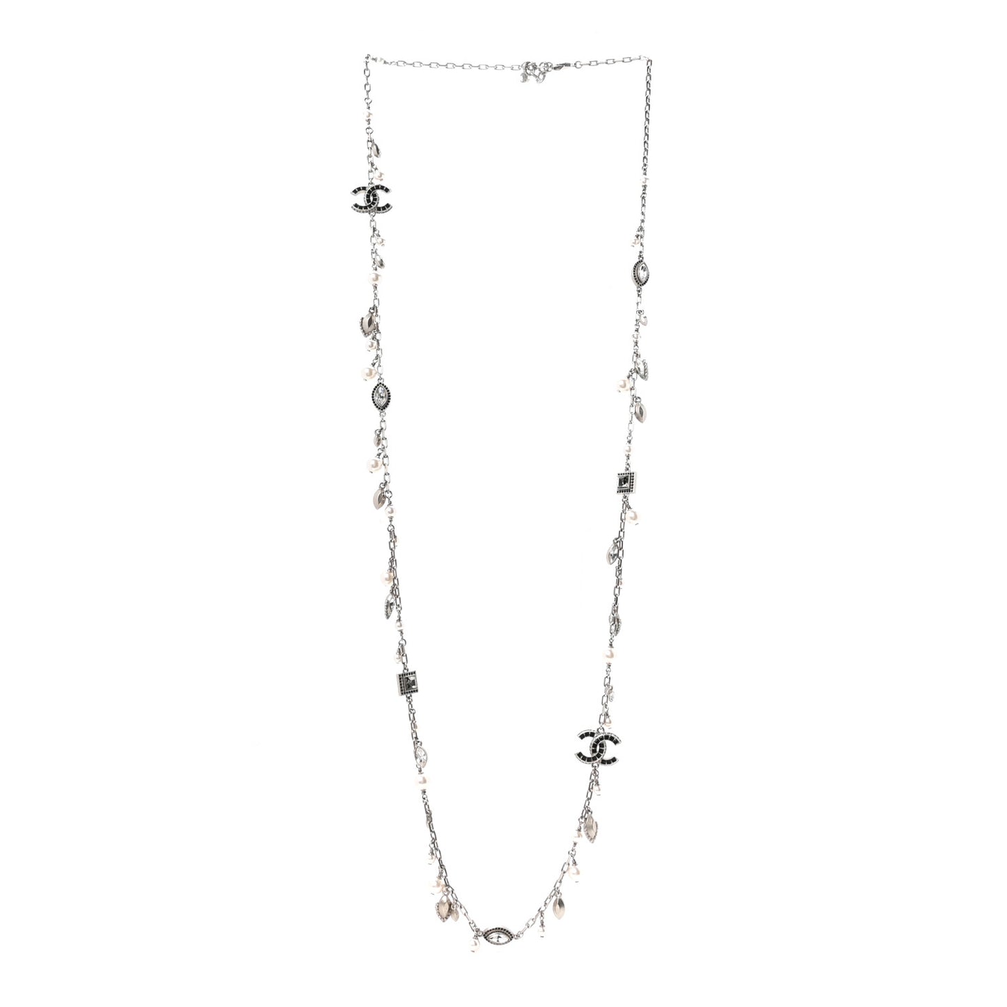 Crystal Pearl CC Long Necklace Silver Grey