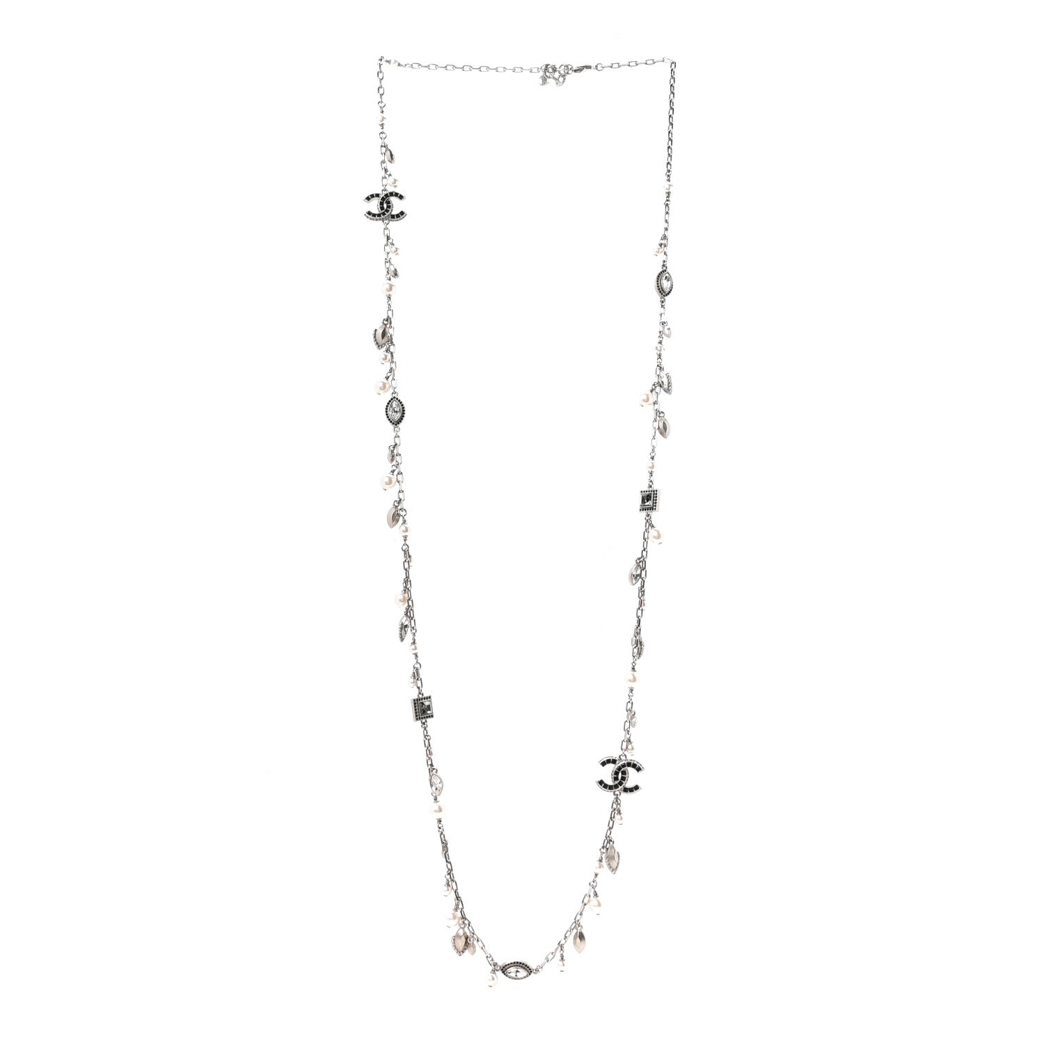 Chanel Crystal Pearl CC Long Necklace Silver Grey 3 of 5