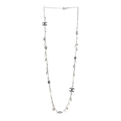 Chanel Crystal Pearl CC Long Necklace Silver Grey 3 of 5