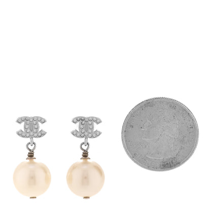 Chanel Crystal Pearl CC Drop Earrings Silver Pearly White 2 of 5