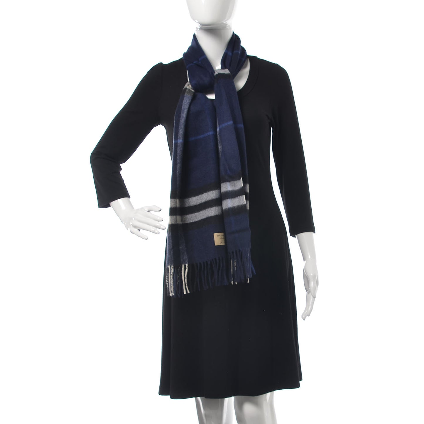 Cashmere Giant Check Fringe Scarf Indigo Blue