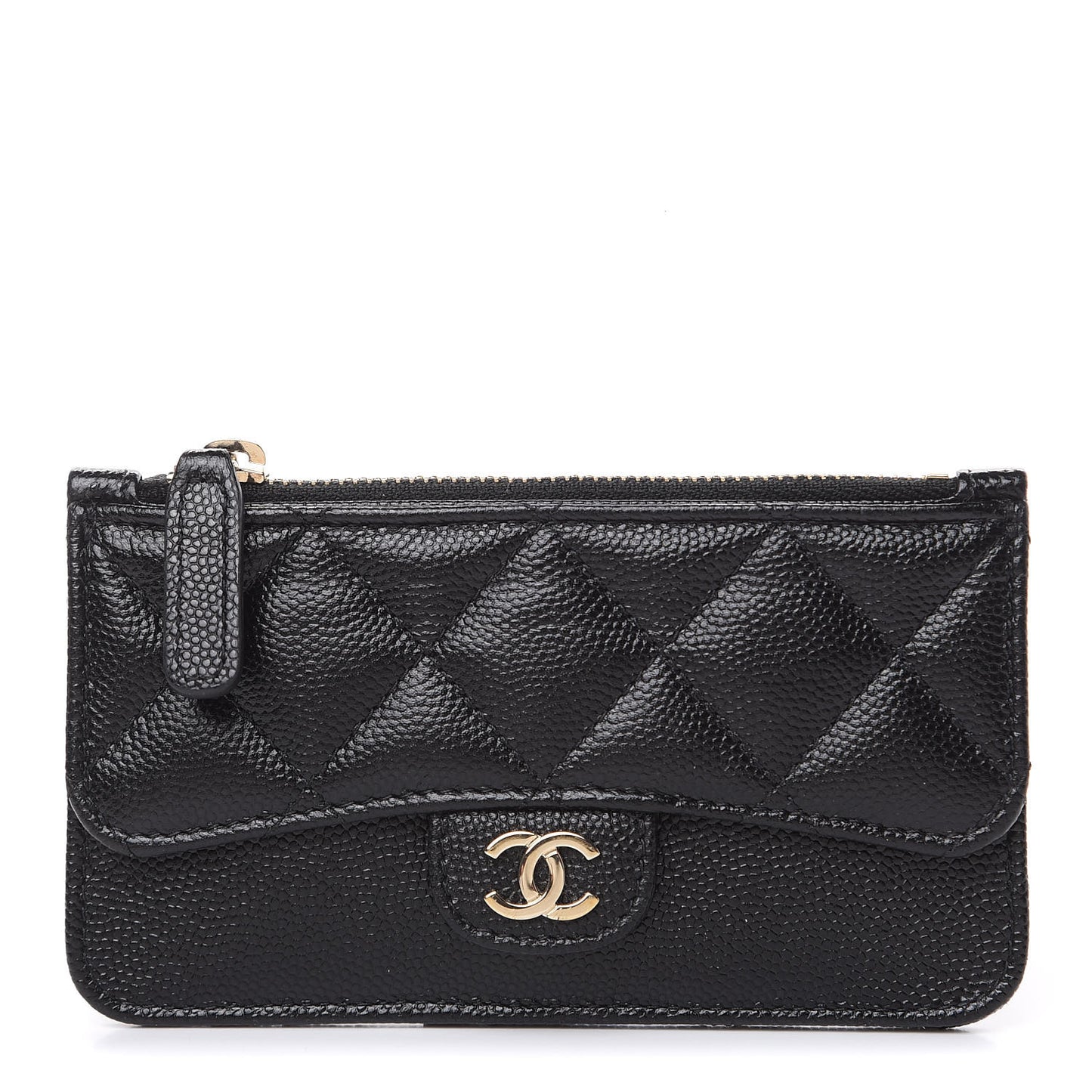 Caviar Quilted Flap Zip Card Holder Black