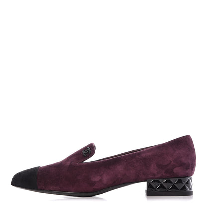 Chanel Suede Cap Toe Moccasin Loafers 36.5 Burgundy Black 1 of 11