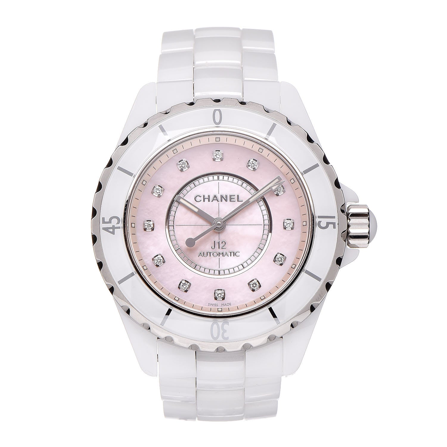 Chanel Stainless Steel Ceramic Diamond Pink Mother of Pearl 38mm J12 Automatic Watch White 1 of 7