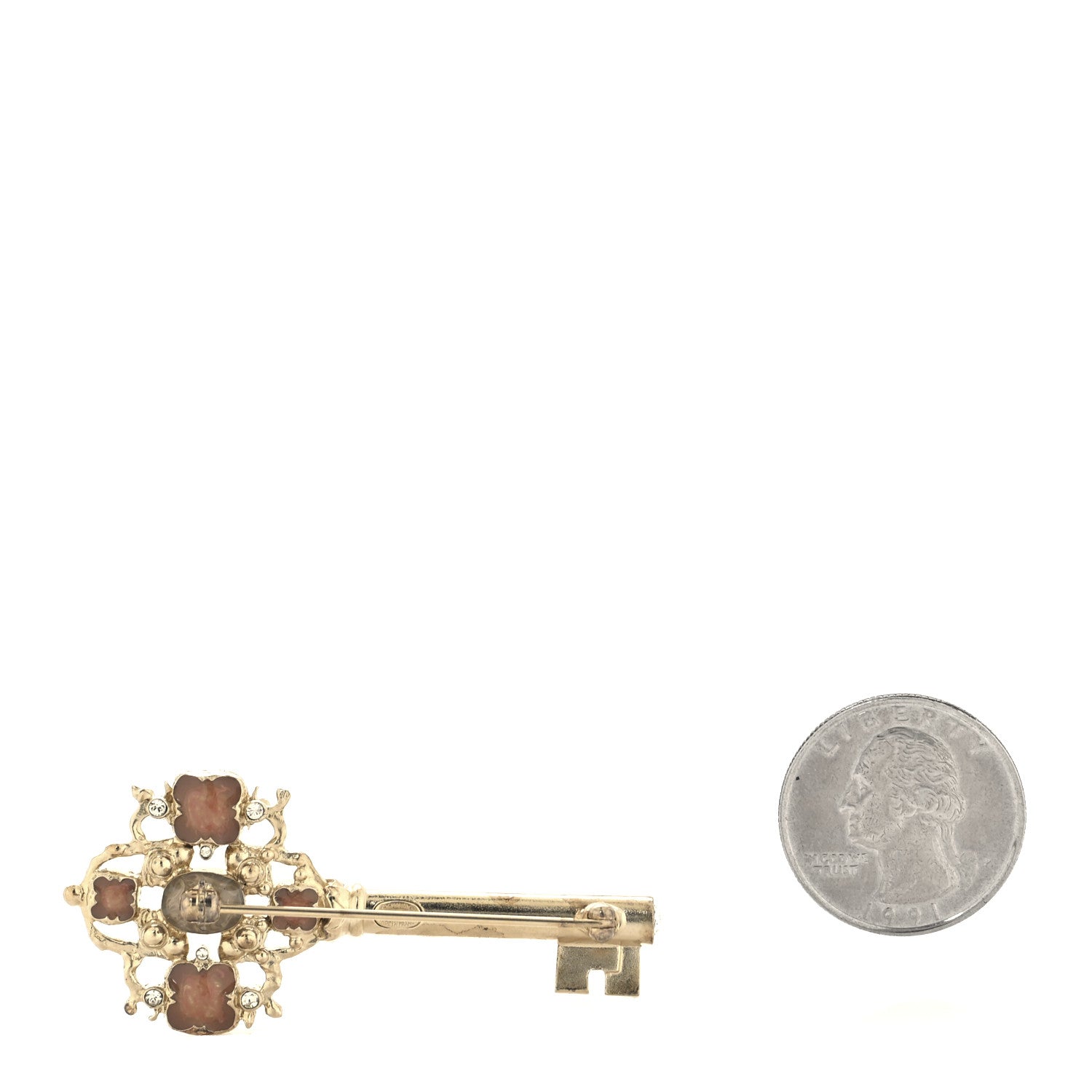 Chanel Gripoix Poured Glass Pearl Key Brooch Gold Pink 2 of 4