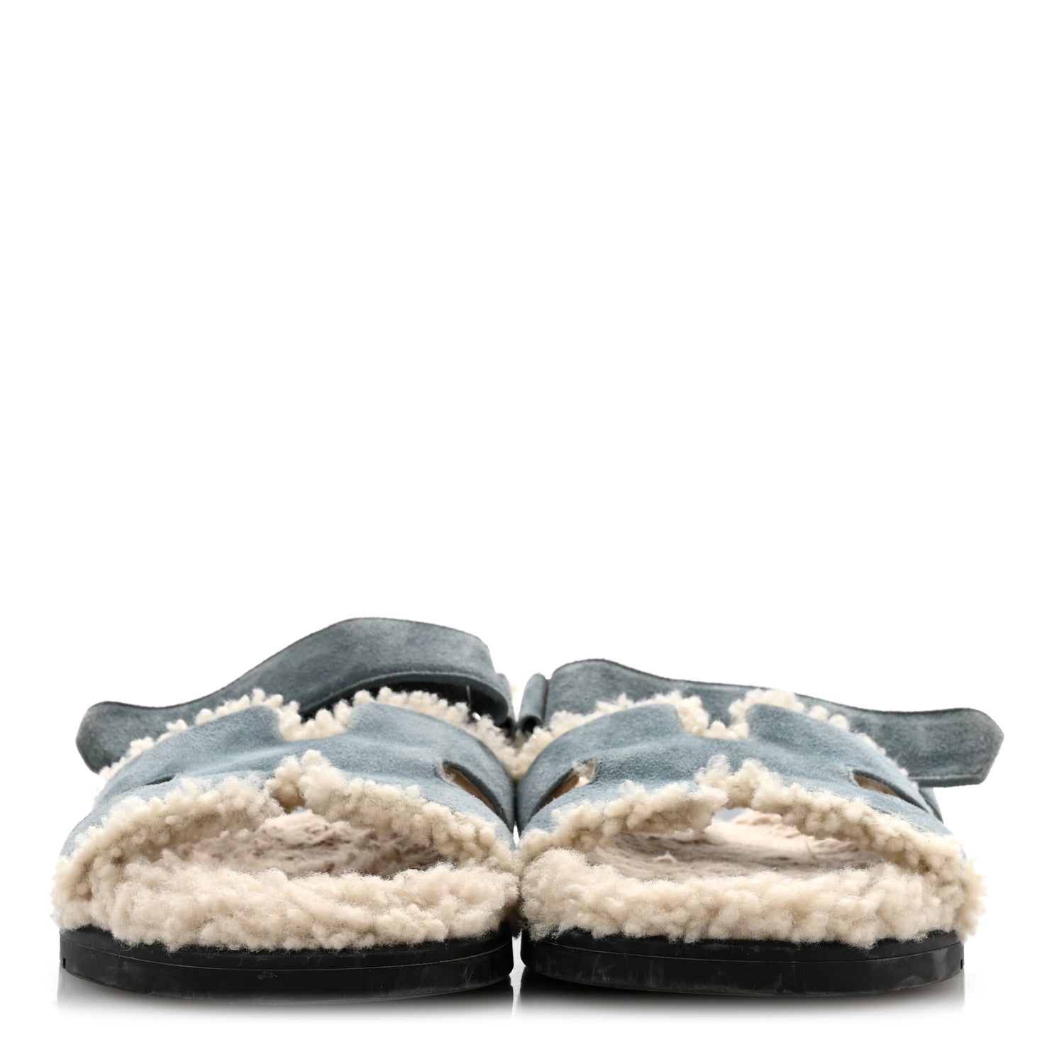Hermes Suede Goatskin Woolskin Womens Chypre Sandals 38.5 Bleu Pinede Ecru 3 of 9