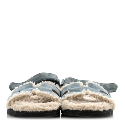 Hermes Suede Goatskin Woolskin Womens Chypre Sandals 38.5 Bleu Pinede Ecru 3 of 9