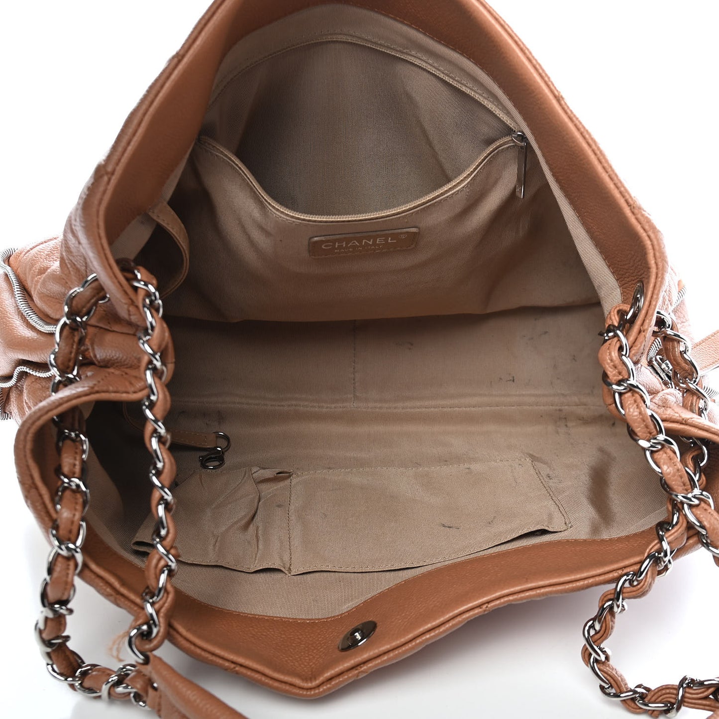 Caviar Quilted Expandable Zip Shoulder Bag Beige