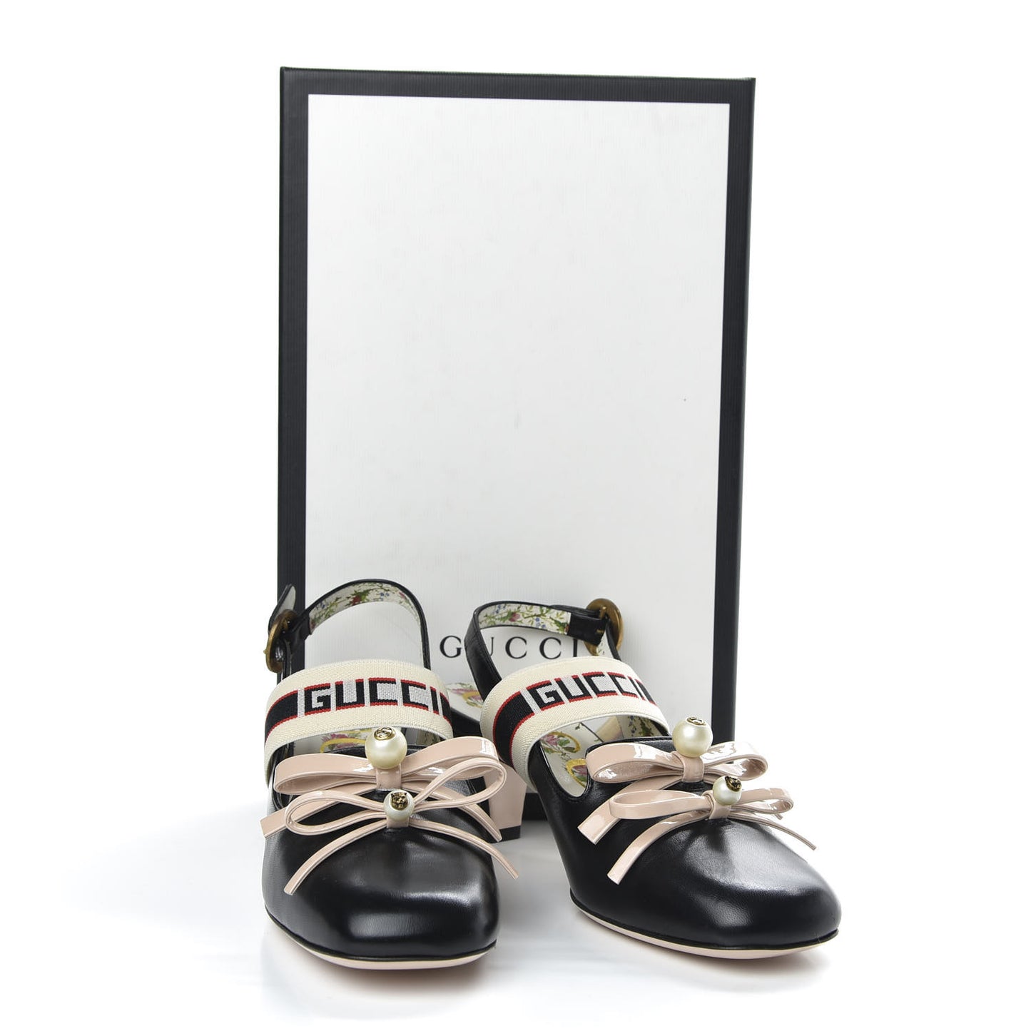 Malaga Kid Bow Ace Stripe Mid Heel Slingback Pumps 35.5 Black