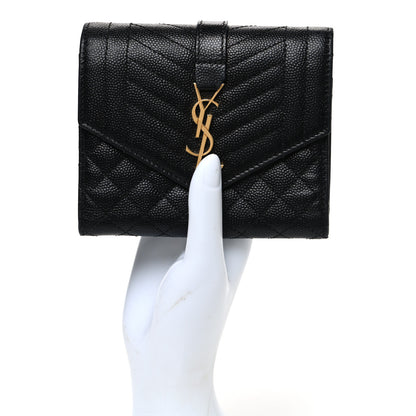 Saint Laurent Grain De Poudre Mixed Matelasse Triquilt Monogram Compact Tri Fold Wallet Black 2 of 8
