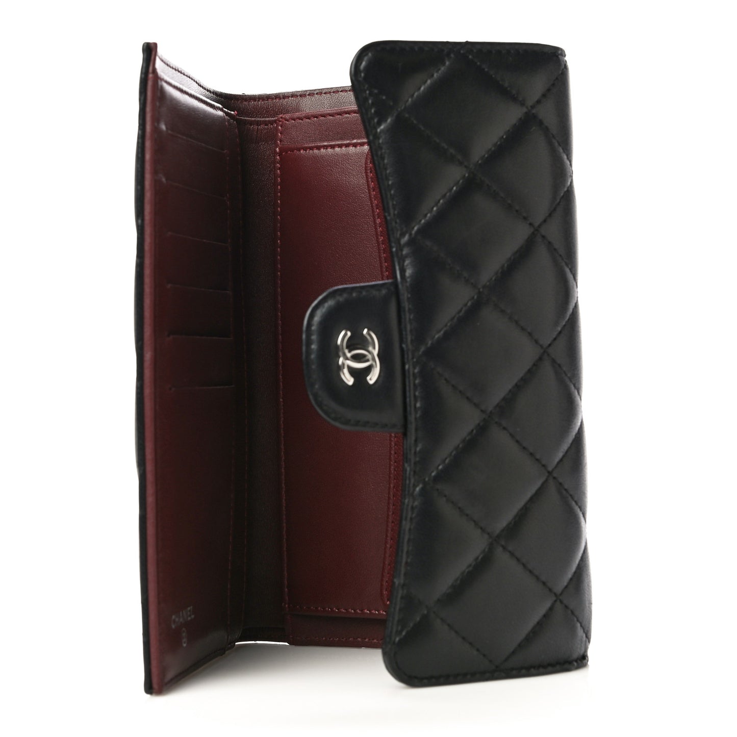 Lambskin Quilted Large Gusset Flap Wallet Black