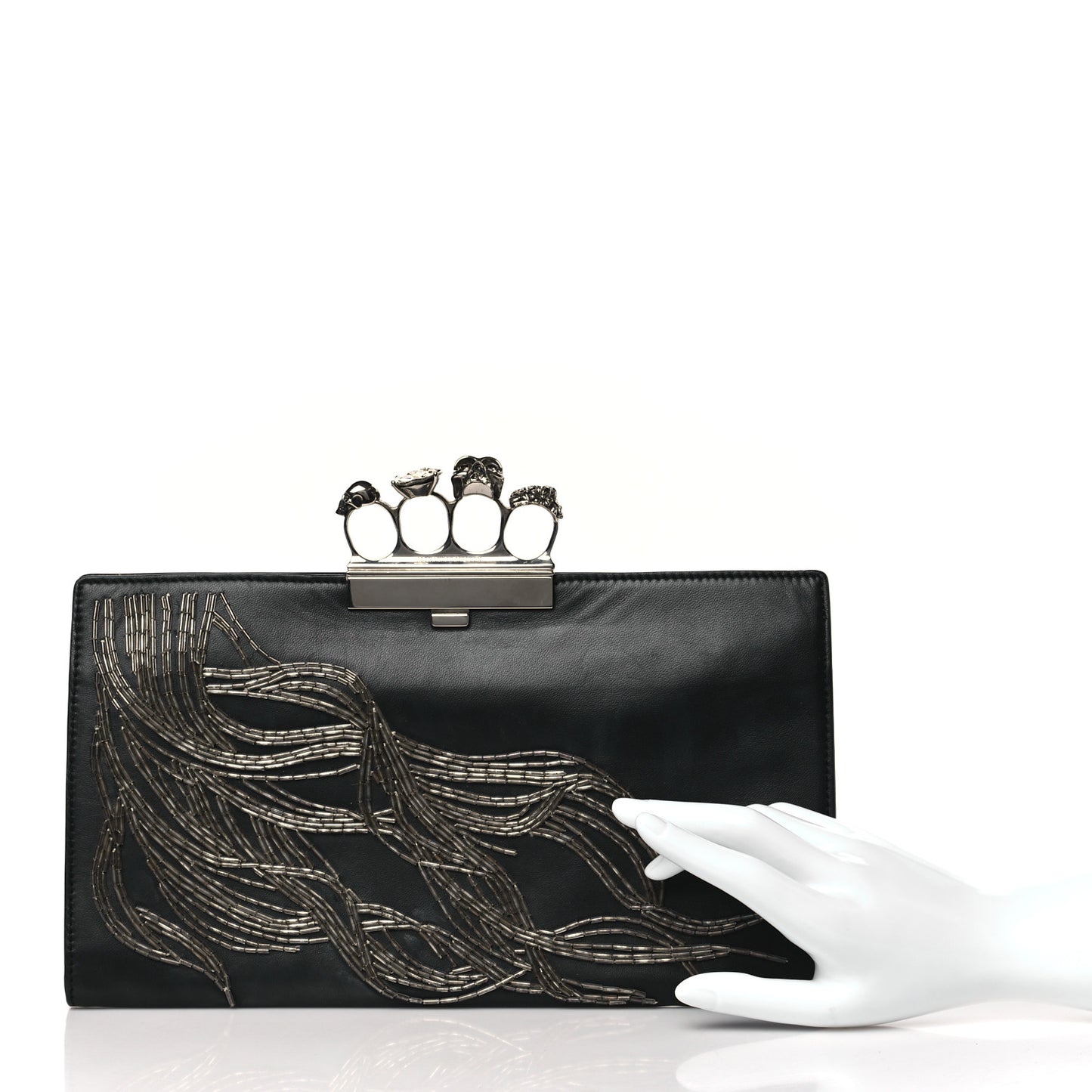 Calfskin Embellished Knuckle Flat Clutch Clutch Black