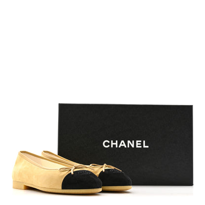 Chanel Suede Goatskin Cap Toe CC Ballerina Flats 38 Beige Black 10 of 10