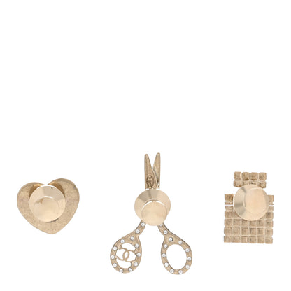 Chanel Metal Strass Crystal Quilted CC Heart Scissors Perfume Brooch Set Gold 3 of 6