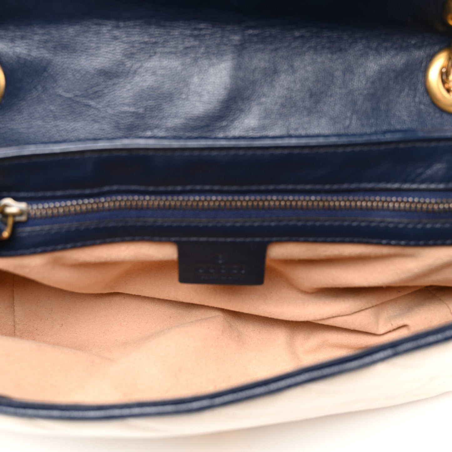 Vintage Effect Calfskin Matelasse Diagonal Small Torchon GG Marmont Shoulder Bag Mystic White Blue Agata