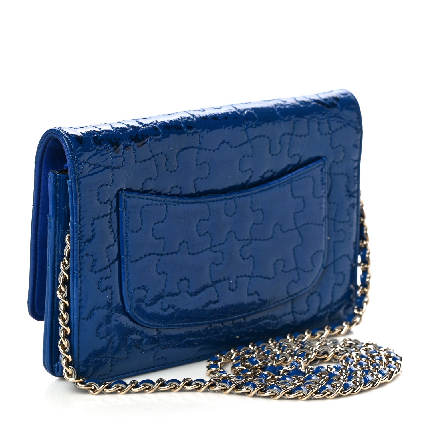 Chanel Crackled Patent Calfskin Puzzle Reissue Wallet On Chain WOC Blue 3 of 15