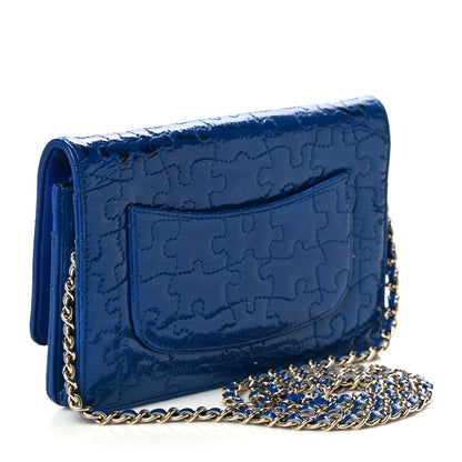 Chanel Crackled Patent Calfskin Puzzle Reissue Wallet On Chain WOC Blue 3 of 15