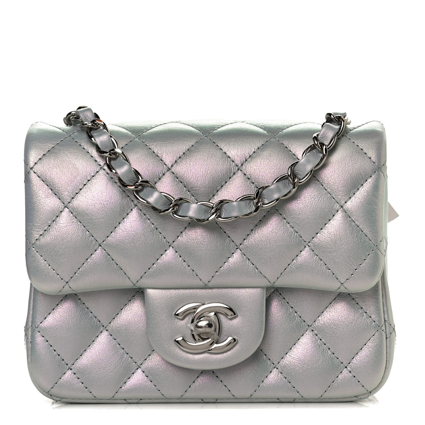 Iridescent Lambskin Quilted Mini Square Flap Light Blue