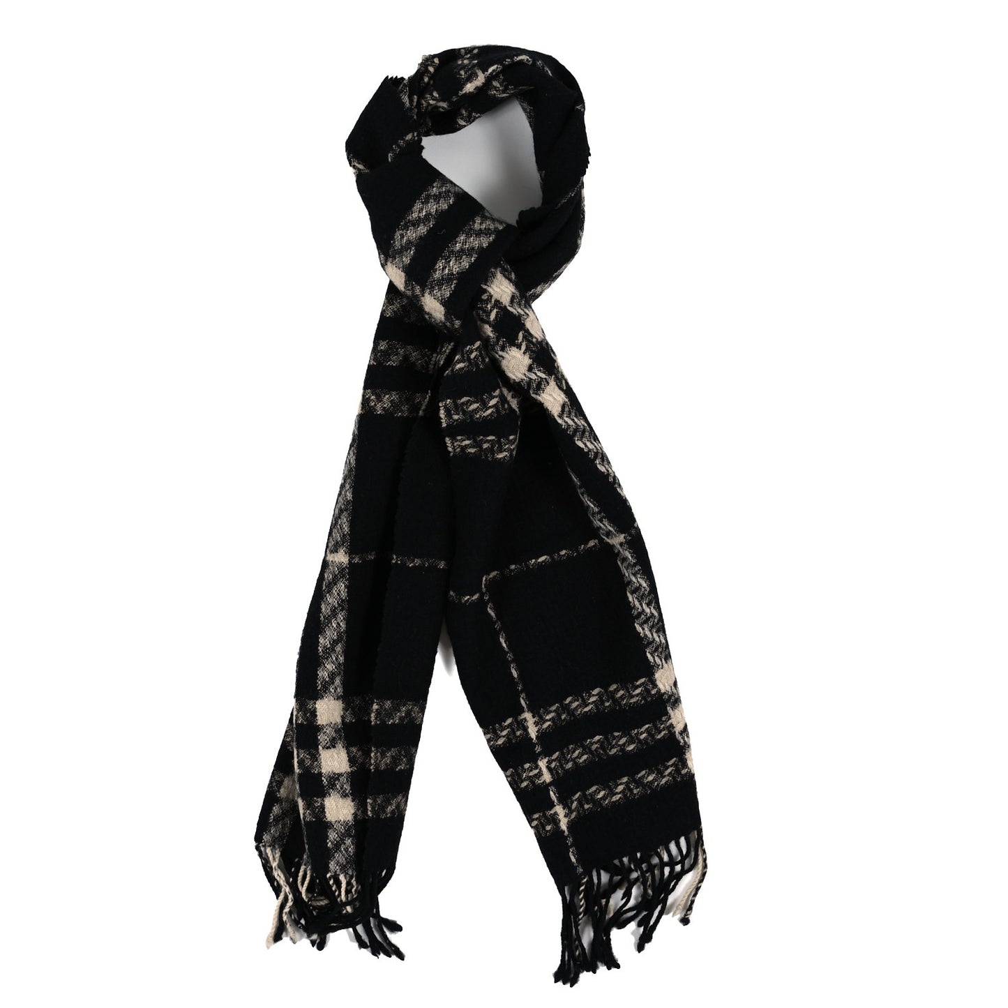 Cashmere Check Fringe Scarf Black Beige