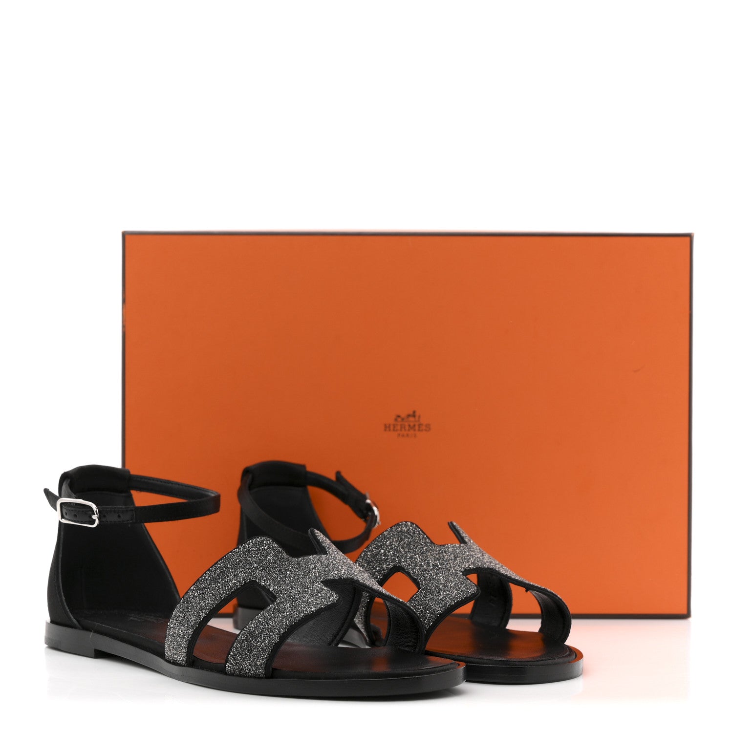 Hermes Satin Crystal Santorini Sandals 37.5 Black 1844985