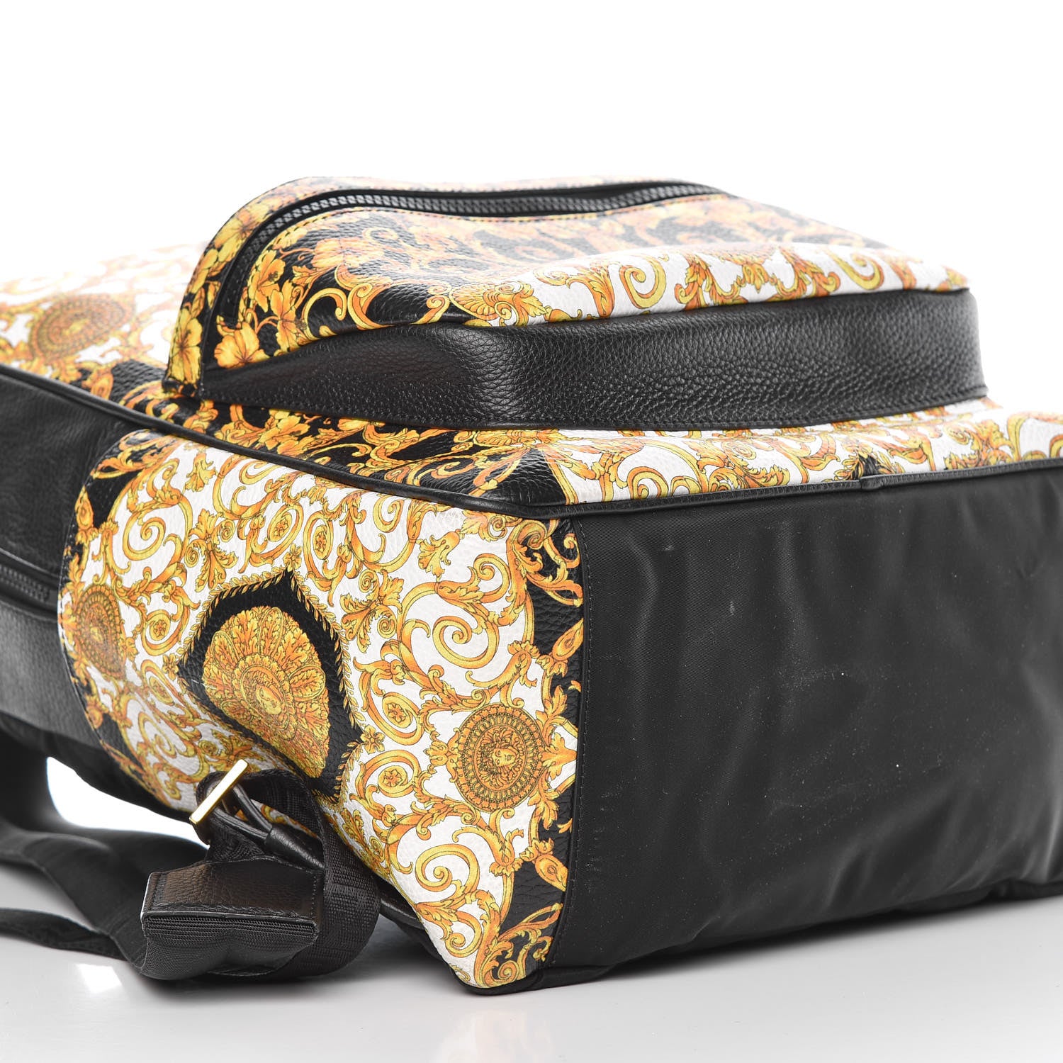 Versace Calfskin Baroque Print Backpack Black Gold Hibiscus 7 of 8