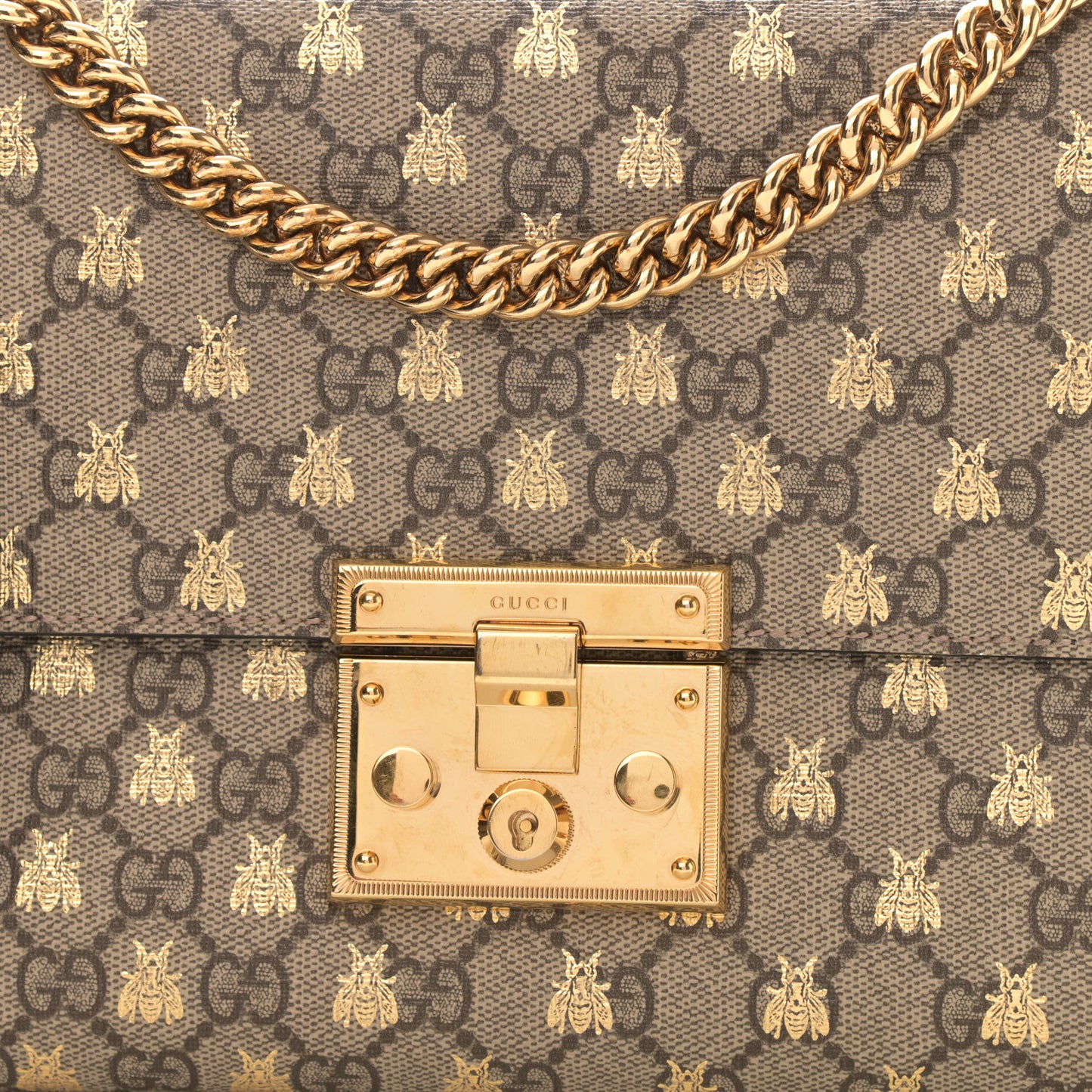 GG Supreme Monogram Bees Medium Padlock Shoulder Bag Beige Oro Black
