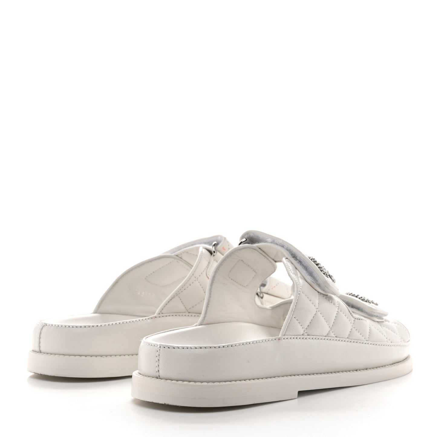 Lambskin Quilted Velcro Dad Chain CC Slide Sandals 38 White