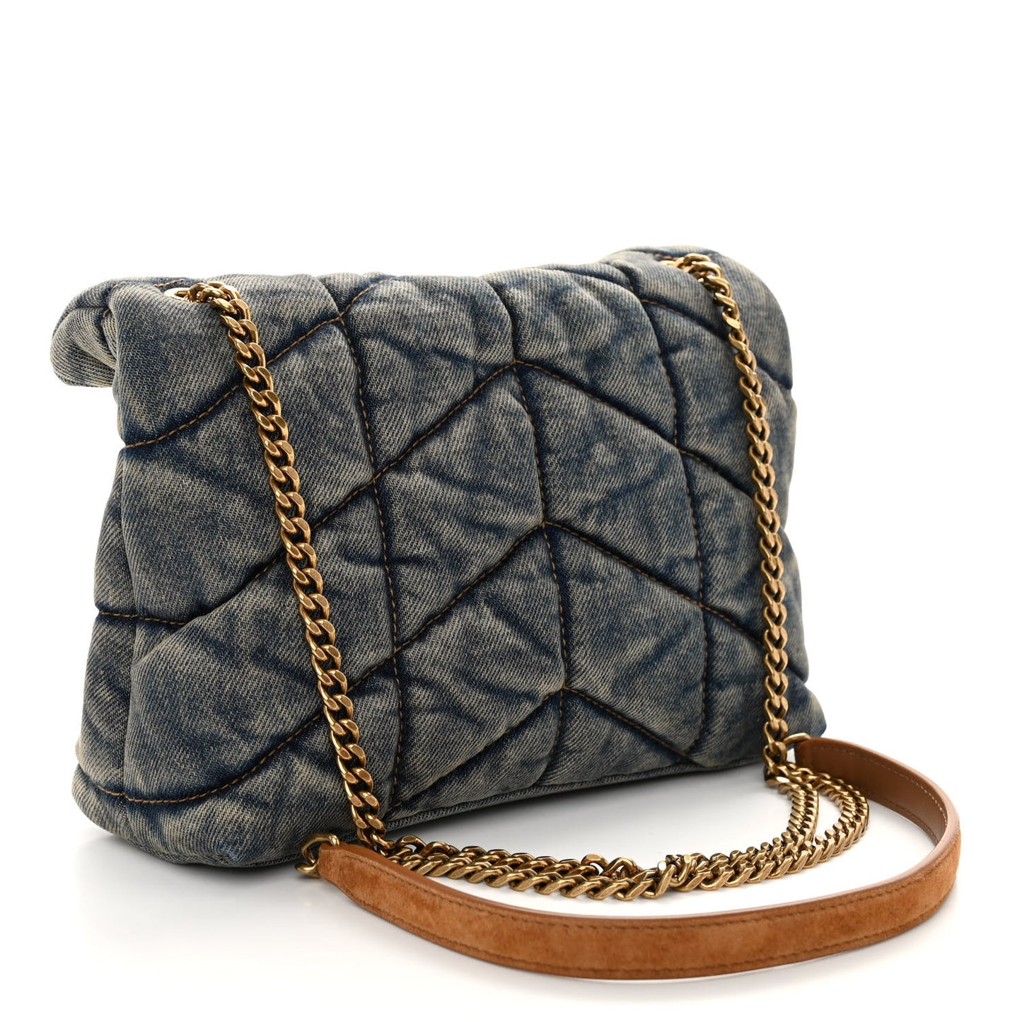 Denim Quilted Toy Loulou Puffer Monogram Chain Satchel Blue Cinnamon