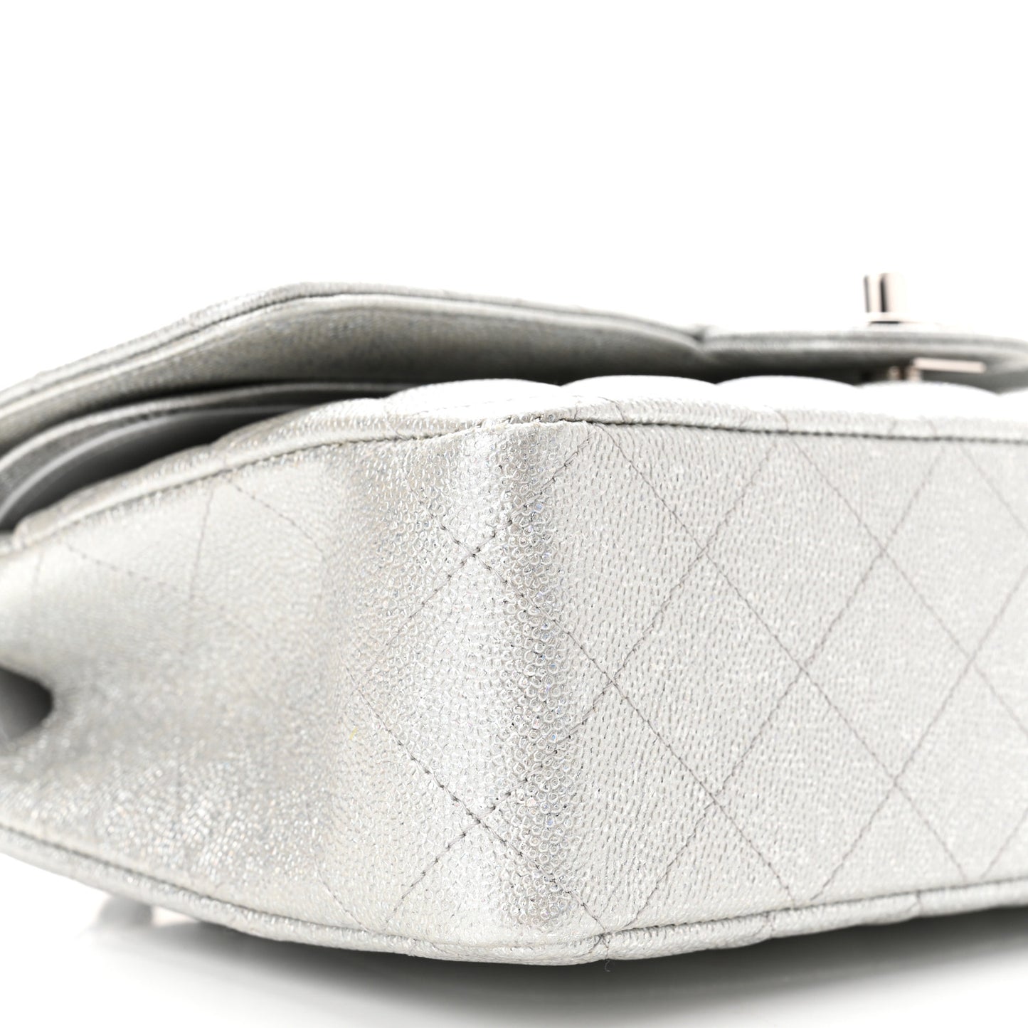 Glittered Metallic Caviar Quilted Medium Double Flap Silver
