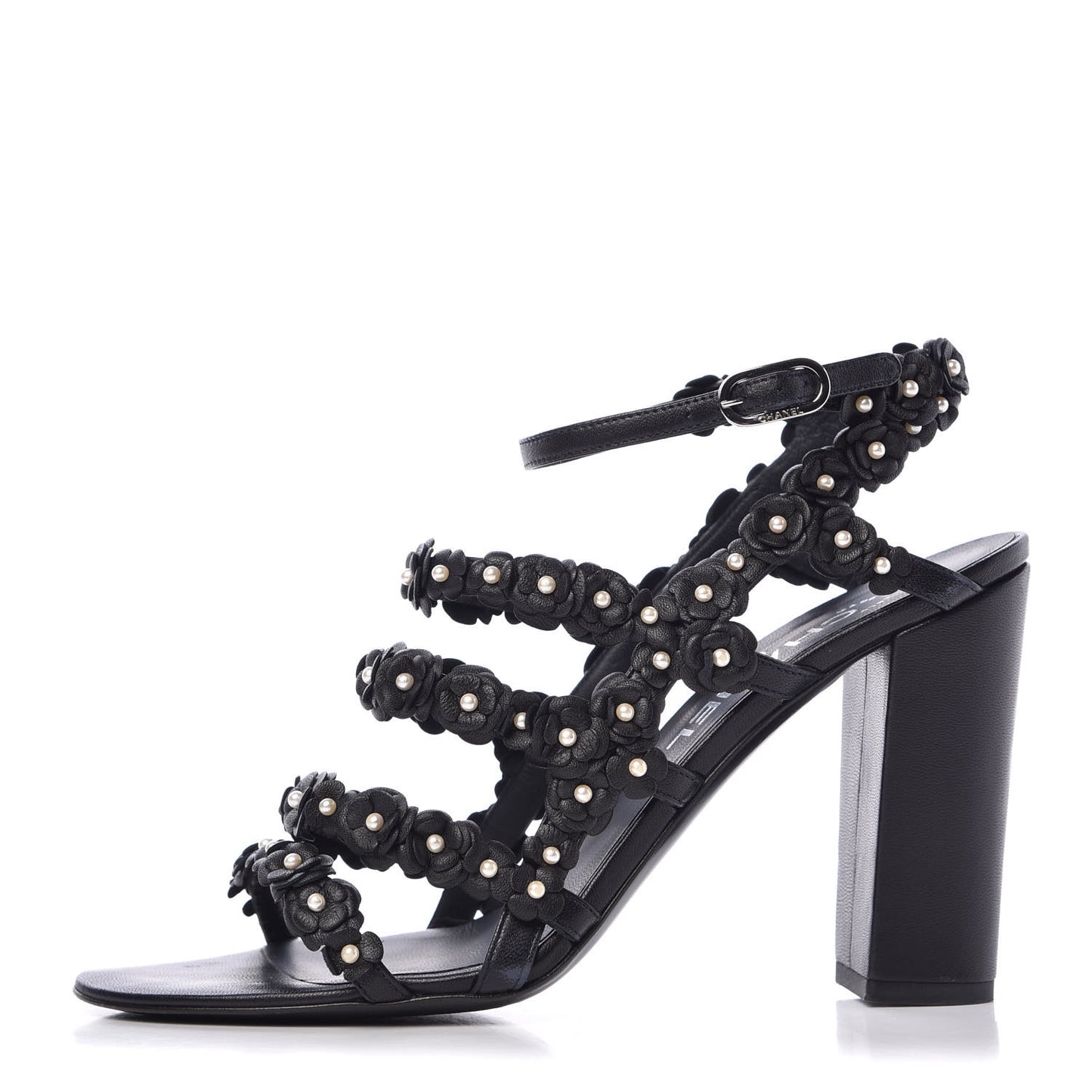 Lambskin Pearl Camellia Sandals 38.5 Dark Navy Blue