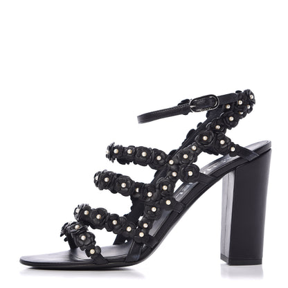 Chanel Lambskin Pearl Camellia Sandals 38.5 Dark Navy Blue 1 of 11