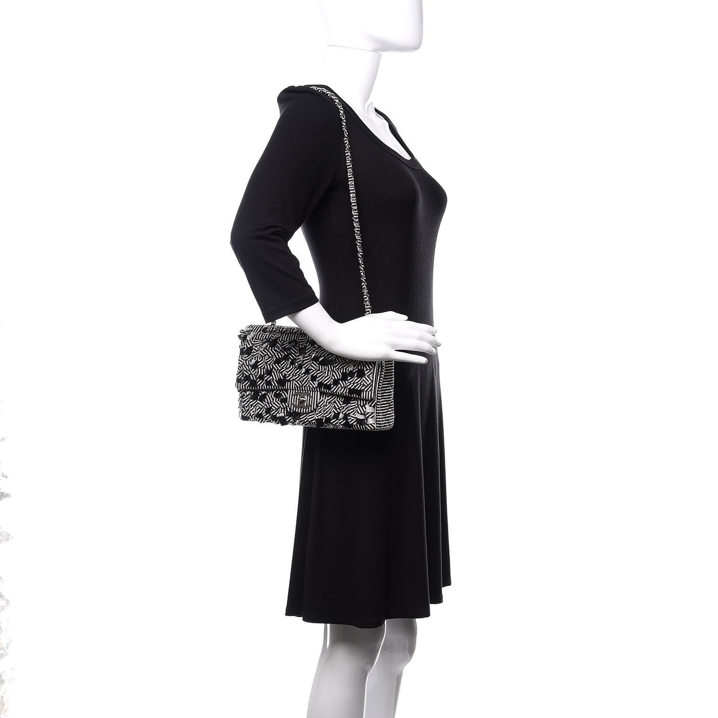 Canvas Sequin Stripe Medium Double Flap Black White