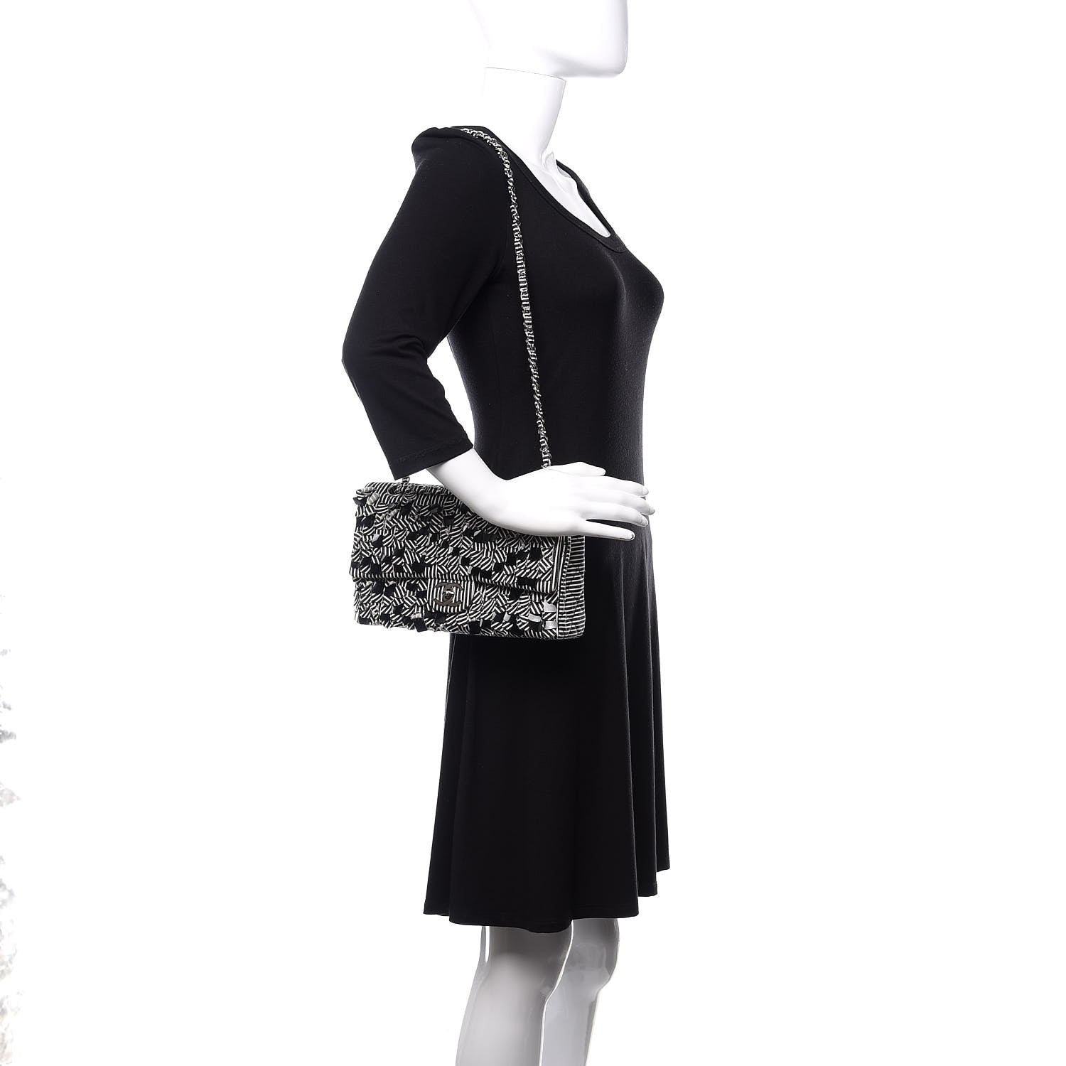 Chanel Canvas Sequin Stripe Medium Double Flap Black White 2 of 10