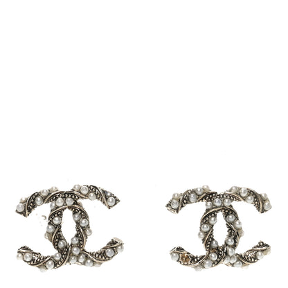 Chanel Pearl Twisted CC Earrings Light Gold White 1 of 5