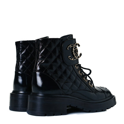 Chanel Shiny Calfskin Quilted Lace Up Combat Boots 36 Black 5 of 7