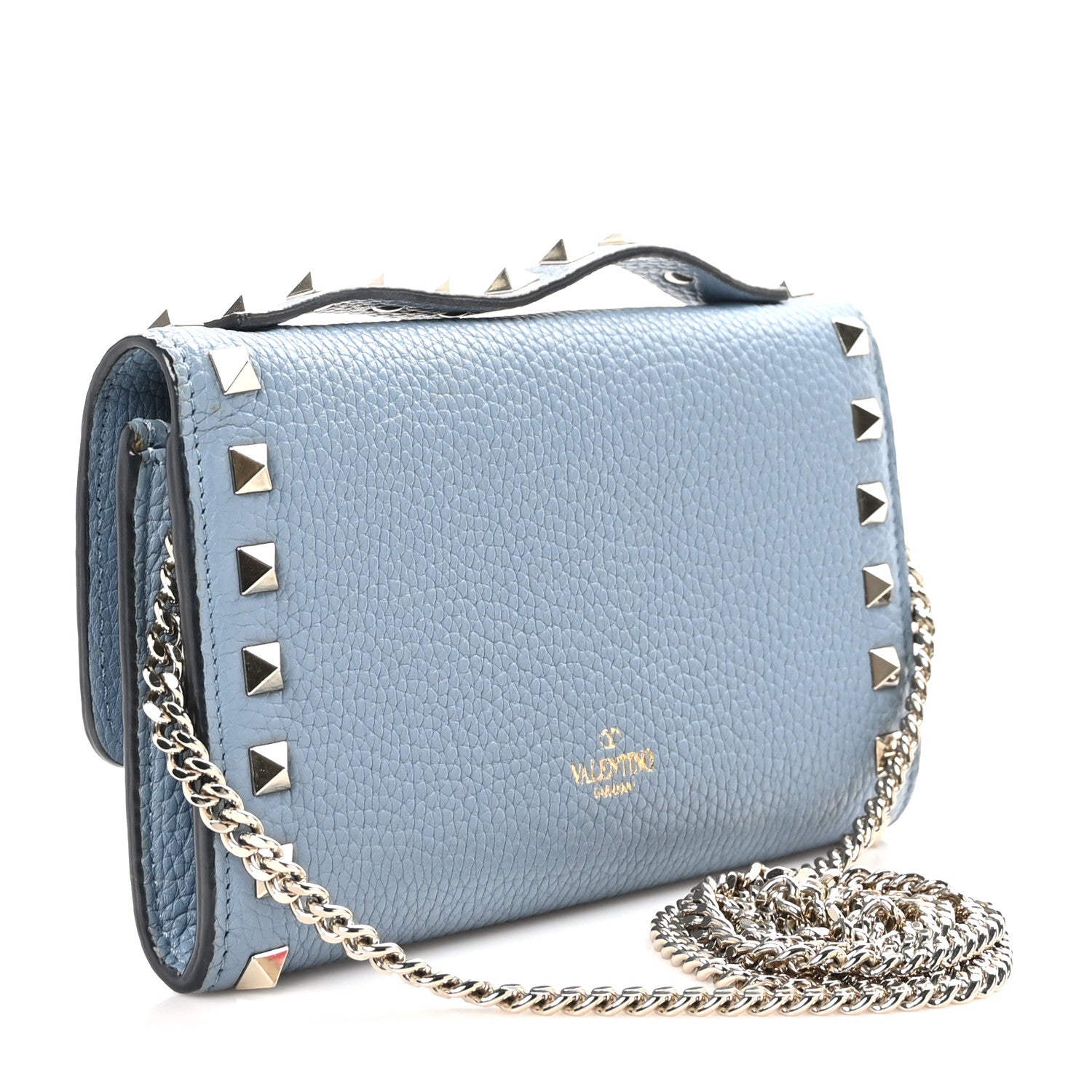 Valentino Garavani Pebbled Calfskin Rockstud Flip Lock Wallet On Chain Niagara 3 of 11